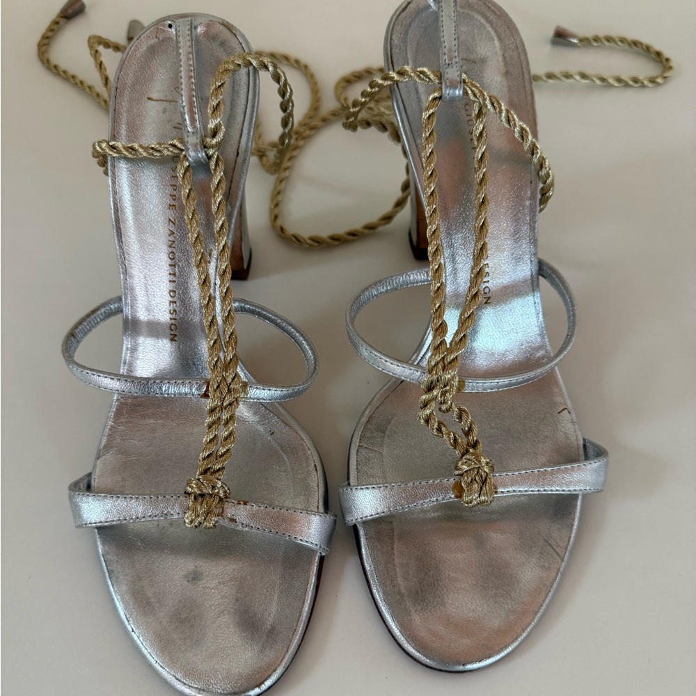 Giuseppe Zanotti Silver Sandal Heels with Gold Rope Ties